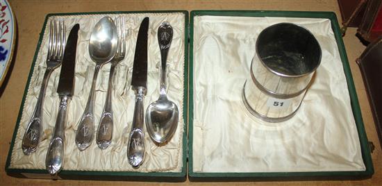 Cased set of French cutlery and a pot